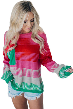 Rose Striped Patch Pocket Drop Shoulder Knit Sweater