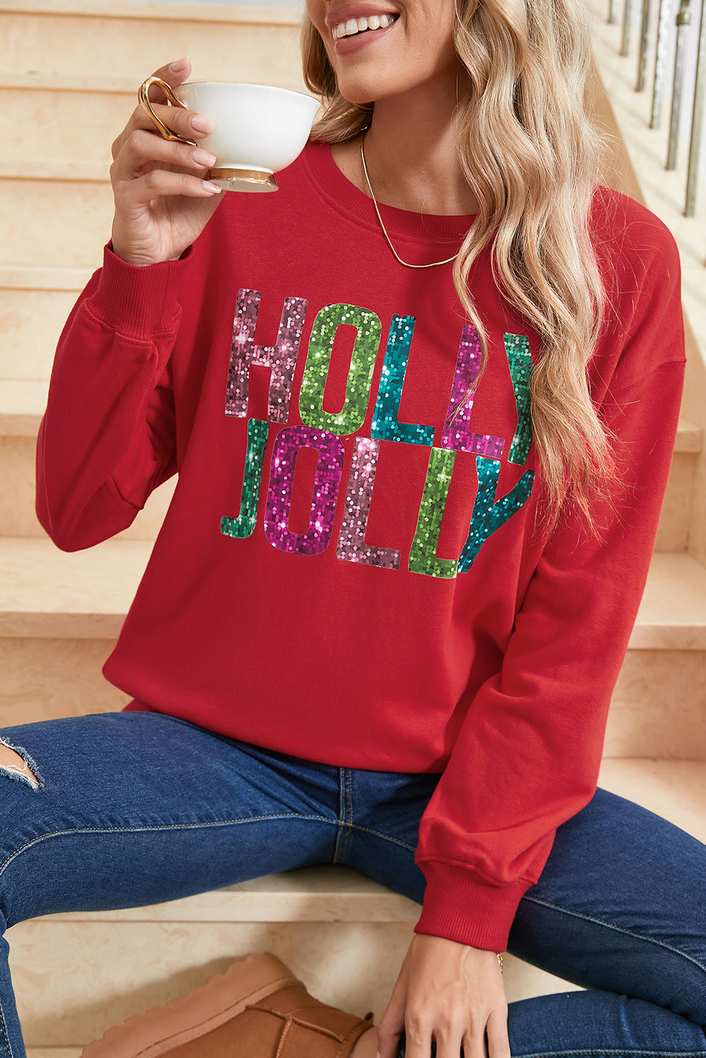 Red HOLLY JOLLY Heat Transfer Printing Graphic  Christmas Pullover Sweatshirt