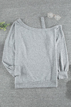 Gray Loose Fit Long Sleeve One Shoulder Top