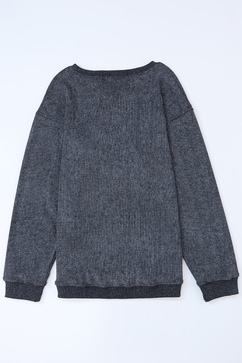 Plain Gray Solid Ribbed Knit Round Neck Pullover Sweatshirt