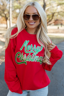 Red Merry Christmas Crewneck Drop Shoulder Loose Sweatshirt