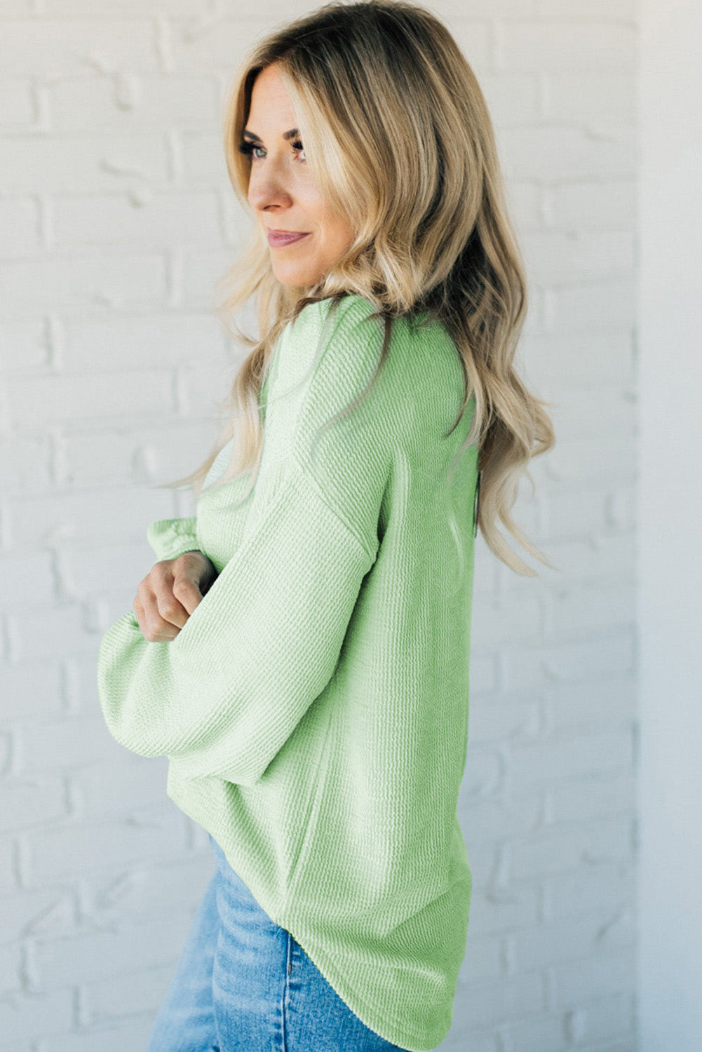 Moonlight Jade Textured Drop Shoulder Crewneck Top