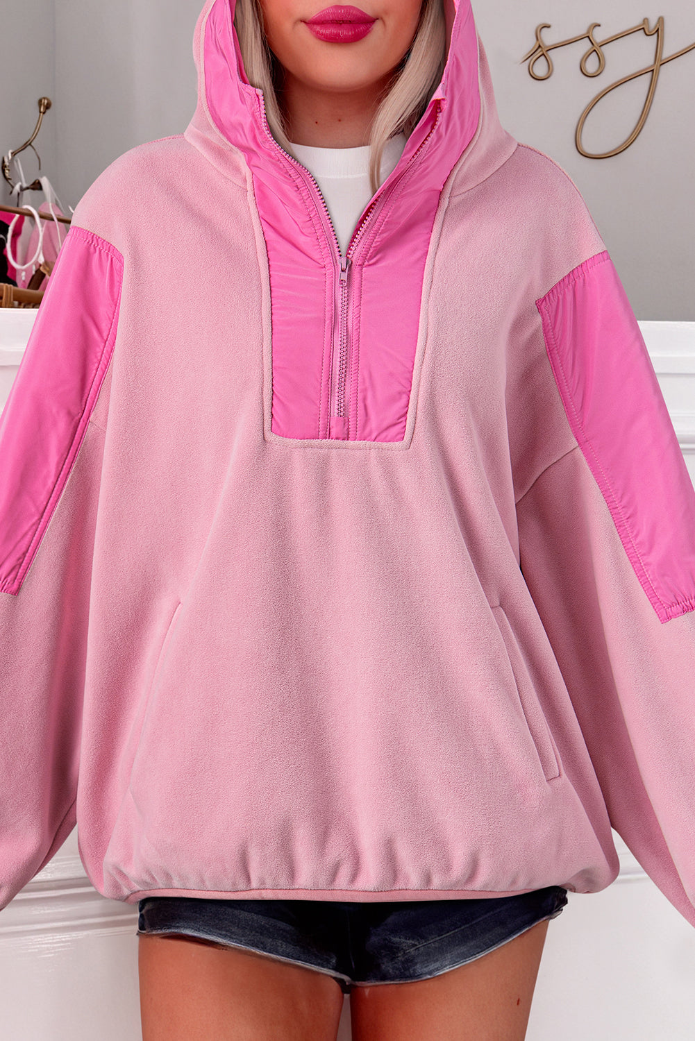 Pink Patchwork Half Zip Oversized Sherpa Hoodie