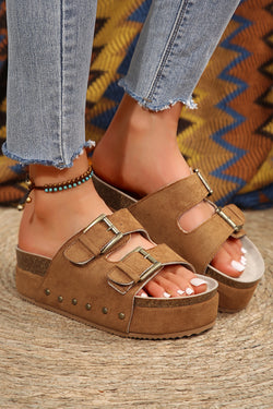 Black Suede Buckle Corky Platform Slides Shoes