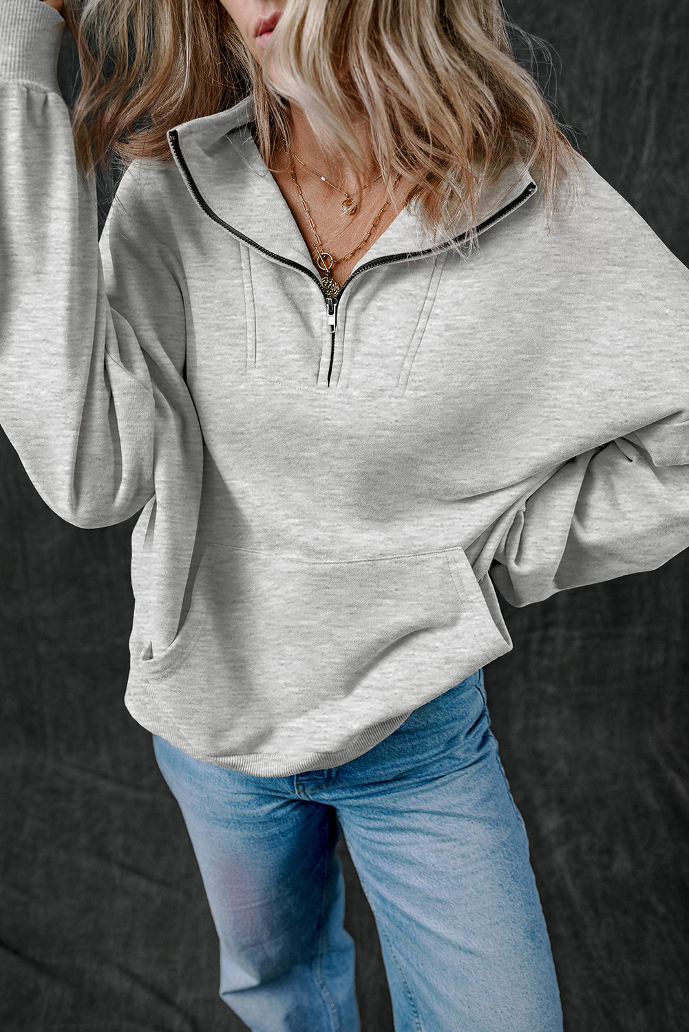 Black Zip-up Stand Neck Kangaroo Pocket Sweatshirt