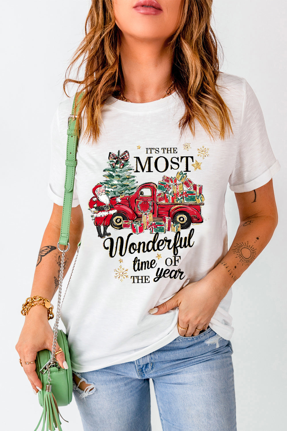 White Christmas Pattern Slogan Print Crew Neck T Shirt