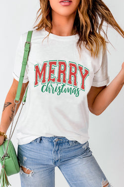 White MERRY Christmas Graphic Round Neck T Shirt