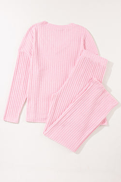 Light Pink Slouchy Ribbed Knit V Neck Top & Pants Loungewear Set