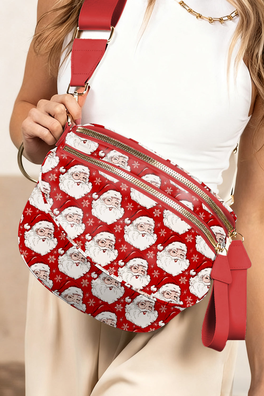 Pink Christmas Graphic Double Zip Crossbody Bag