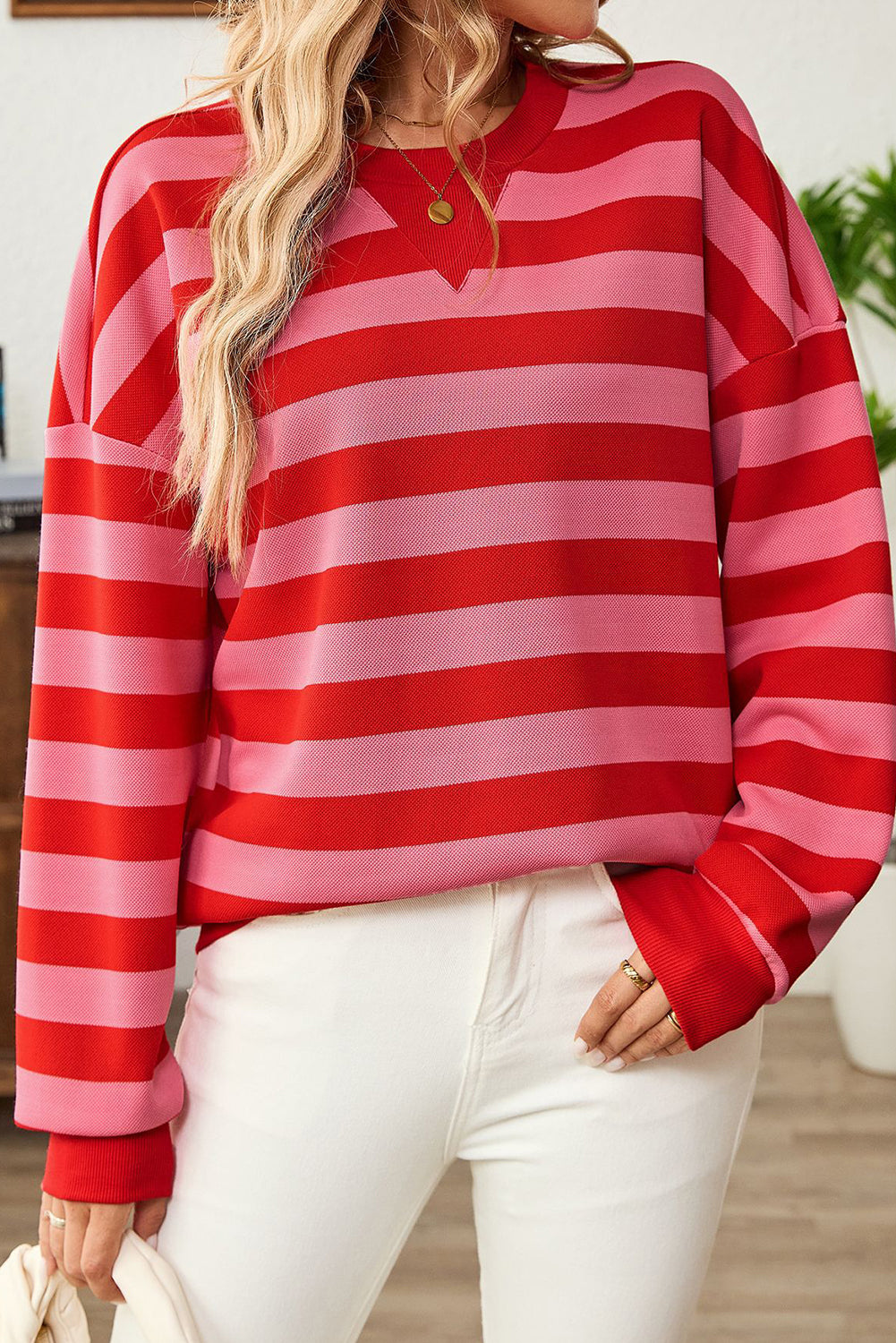 Red Stripe Round Neck Drop Shoulder Sweatshirt