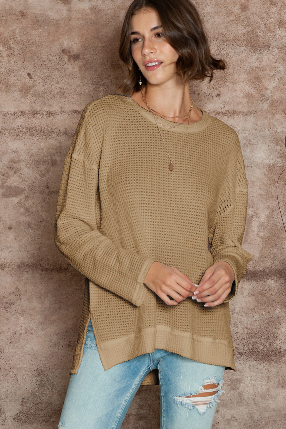 Gray Waffle Knit Drop Sleeve Side Slits Oversized Top