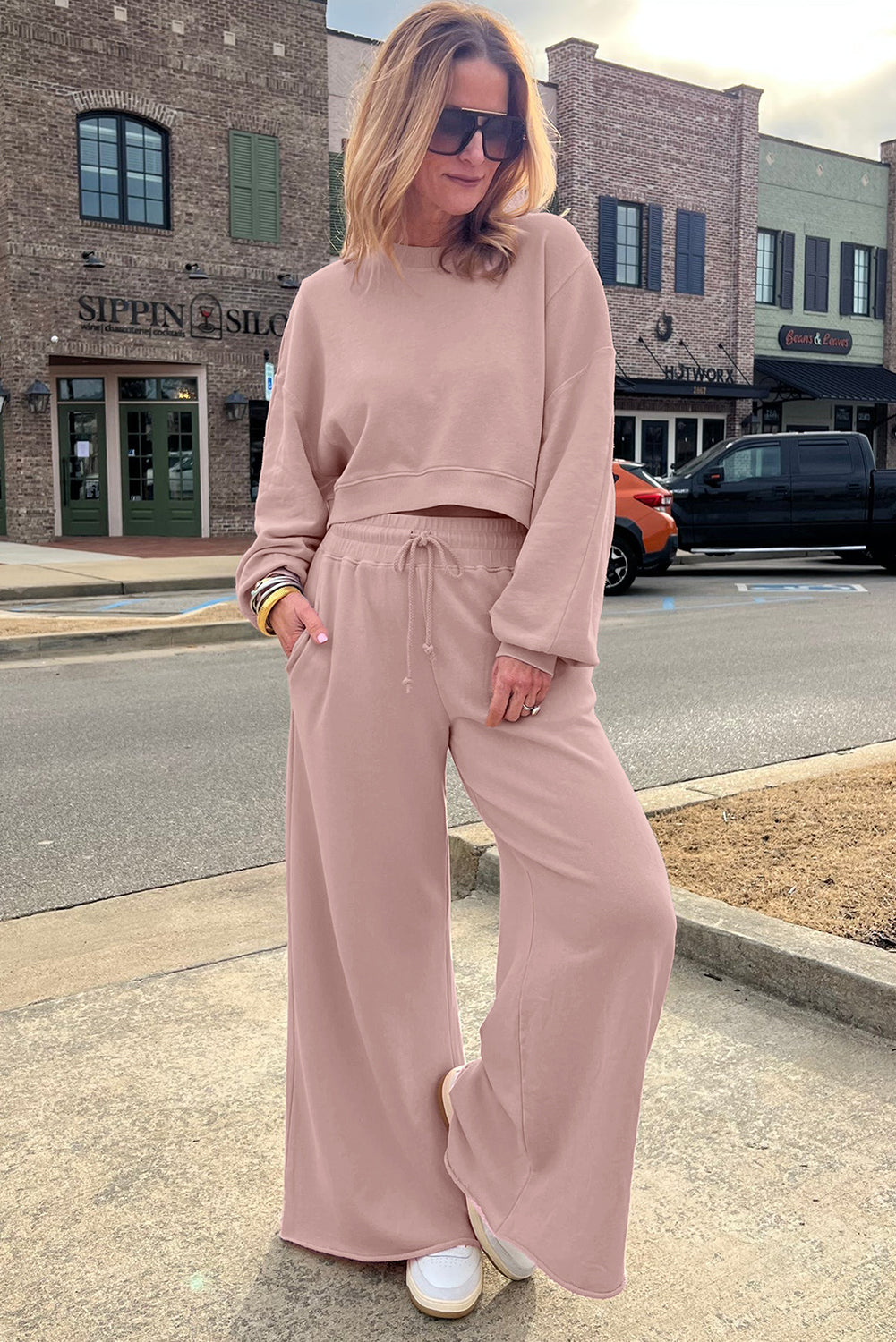 Yellow Cream Drop Shoulder Crop Pullover Drawstring Wide Leg Pants Set