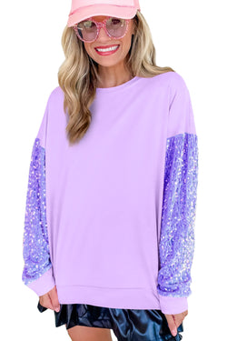 Orchid Petal Sequin Patchwork Long Sleeve Pullover Top