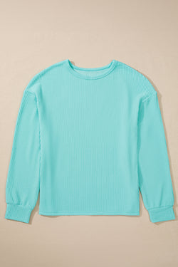 Aruba Blue Plain Crinkle Ribbed Round Neck Top