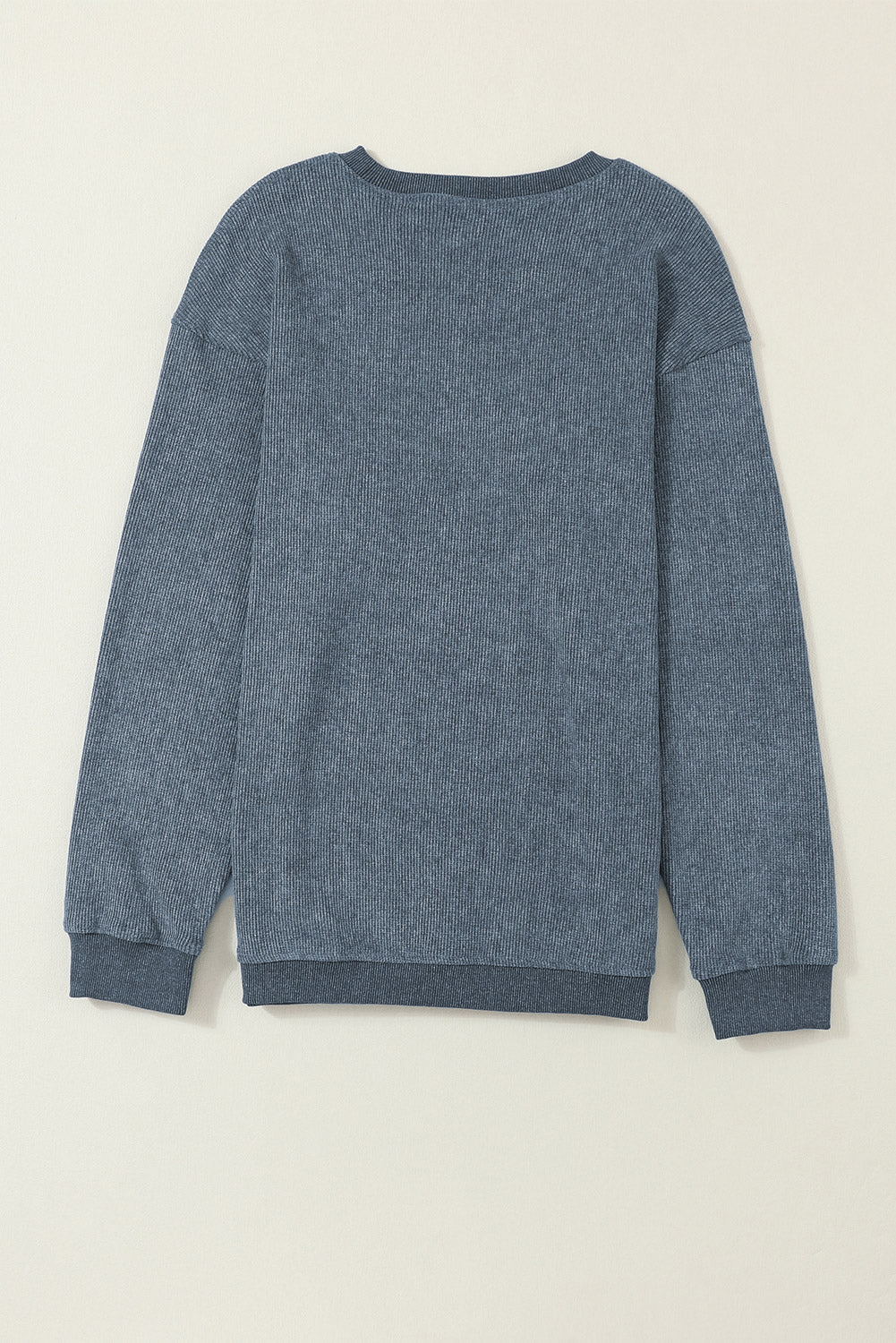 Plain Gray Solid Ribbed Knit Round Neck Pullover Sweatshirt