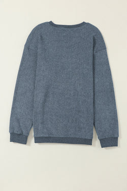 Plain Gray Solid Ribbed Knit Round Neck Pullover Sweatshirt