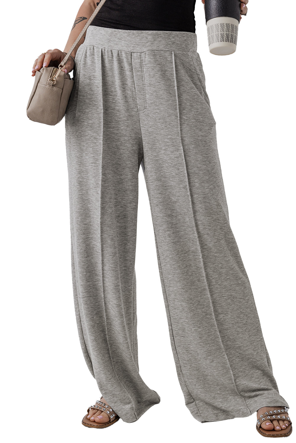 Medium Grey Central Seam Wide Leg High Waist Casual Pants