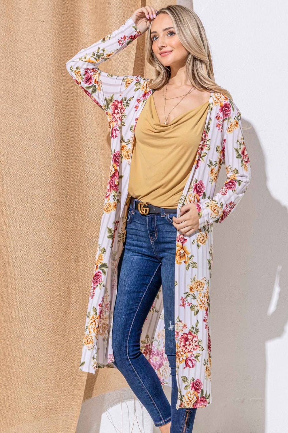 And The Why Floral Kimono Open Front Longline Cardigan