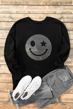 Valerian Rhinestone Smile Face Pattern High Low Hem Sweatshirt