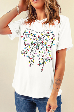 White Colorful Lights Bowknot Graphic T Shirt