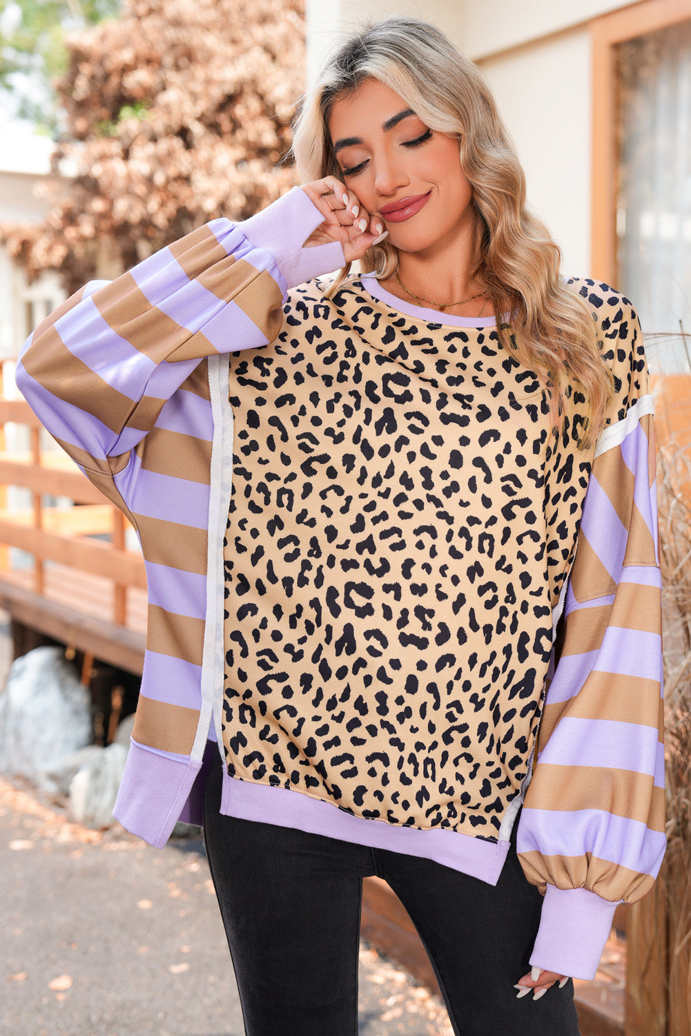Khaki Striped Leopard Colorblock Side Slits Sweatshirt