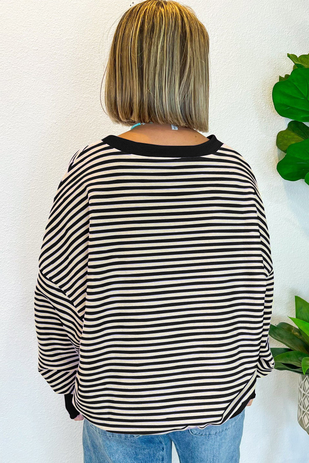 Brown Stripe Drop Shoulder Long Sleeve Top