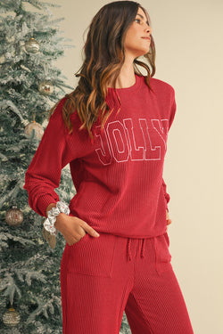 Fiery Red Crinkle Rib JOLLY Pattern Long Sleeve Top and Pockets Pants Set