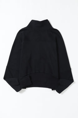 Black Zip Up Stand Collar Ribbed Thumbhole Sleeve Sweatshirt