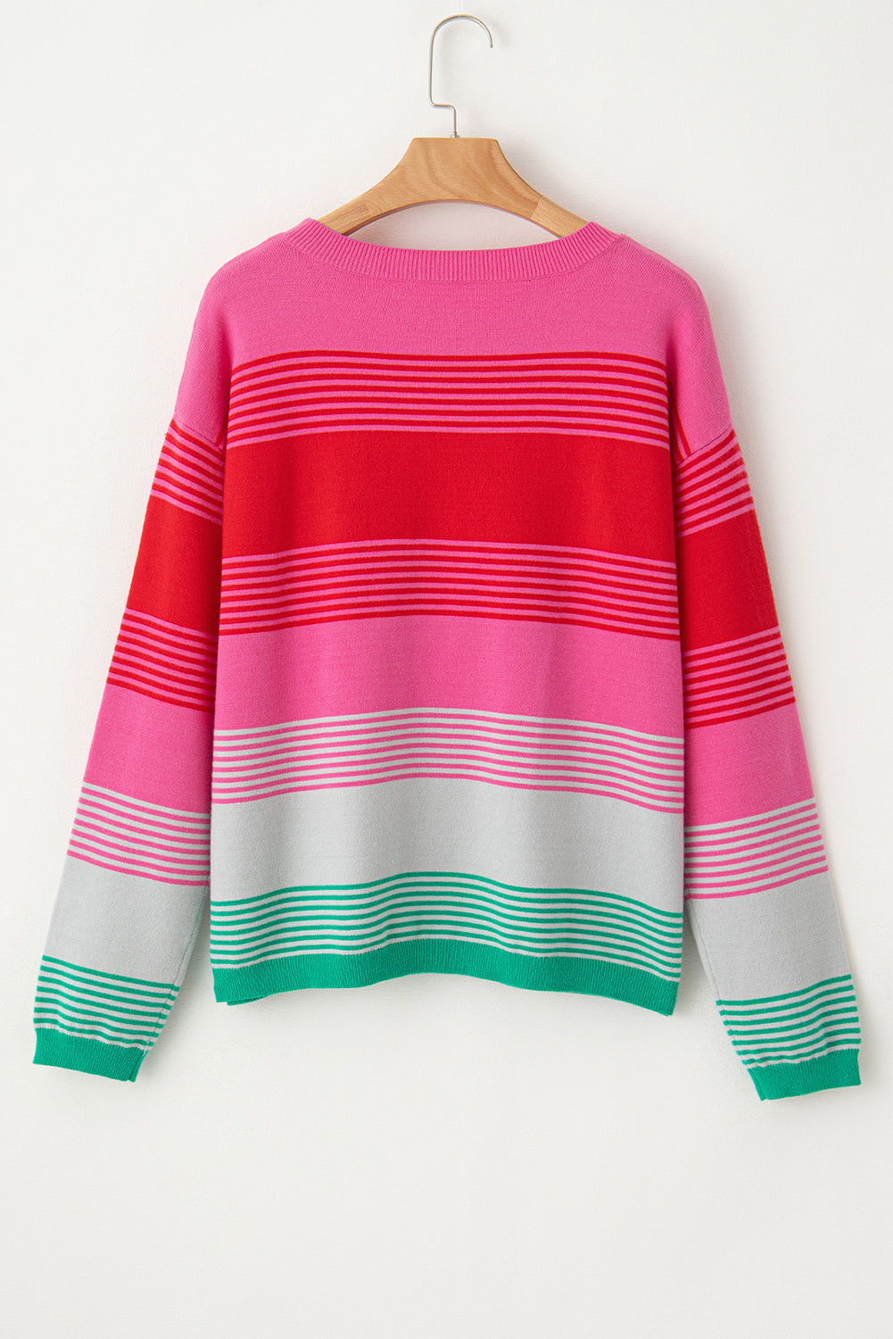 Rose Striped Patch Pocket Drop Shoulder Knit Sweater