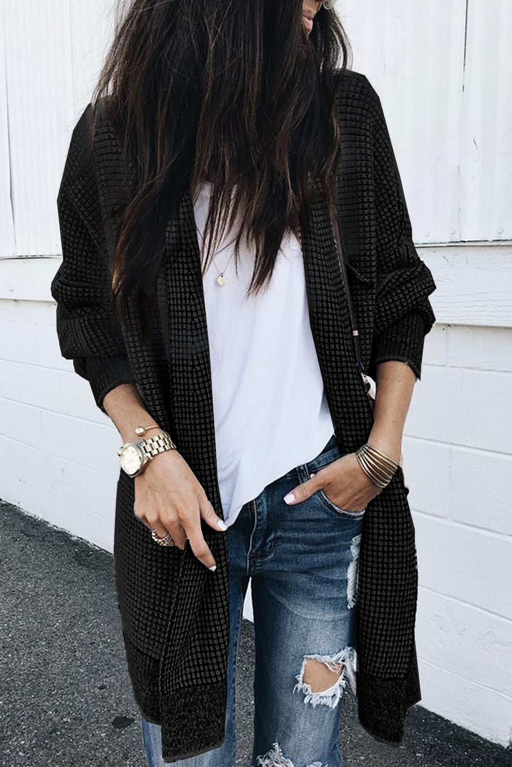 Grey Plaid Contrast Trim Casual Knit Cardigan