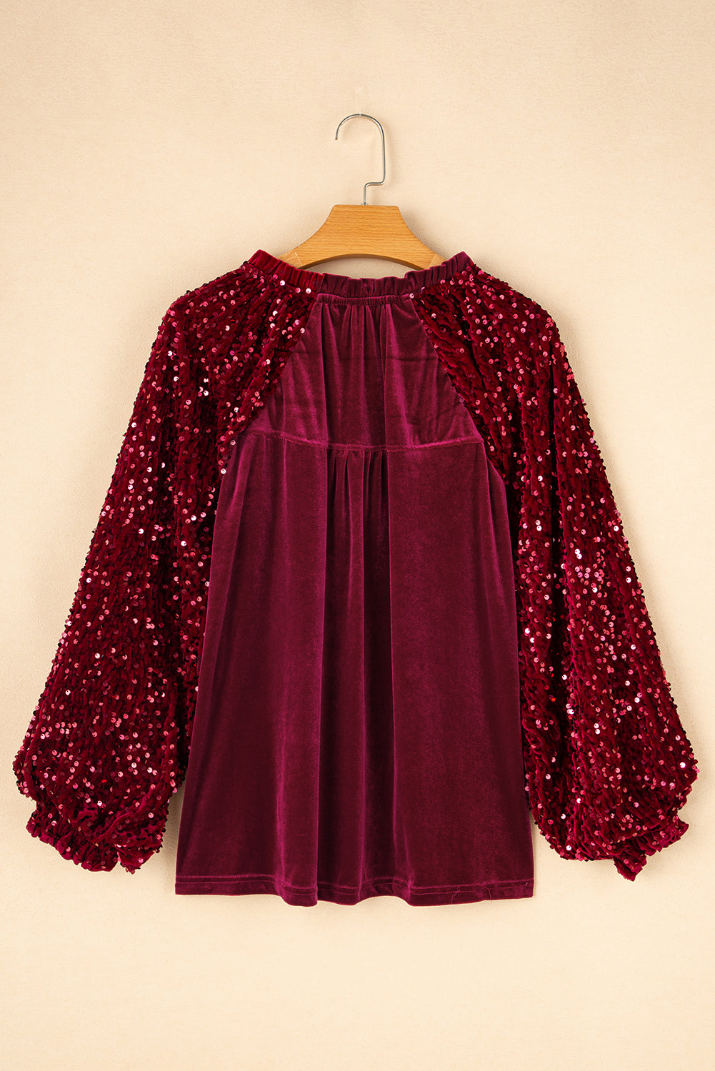 Red Dahlia Velvet Sequin Patchwork Sleeve Button Up Blouse