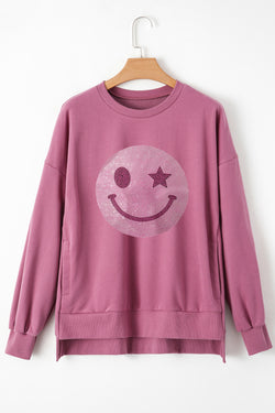 Valerian Rhinestone Smile Face Pattern High Low Hem Sweatshirt