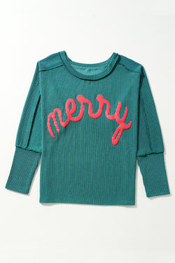 Green Merry Christmas Exposed Seam Ribbed Top