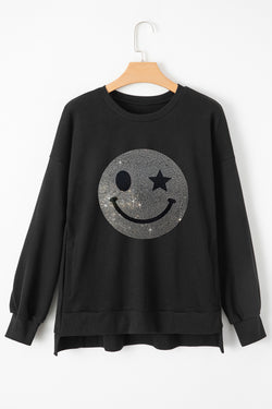 Valerian Rhinestone Smile Face Pattern High Low Hem Sweatshirt