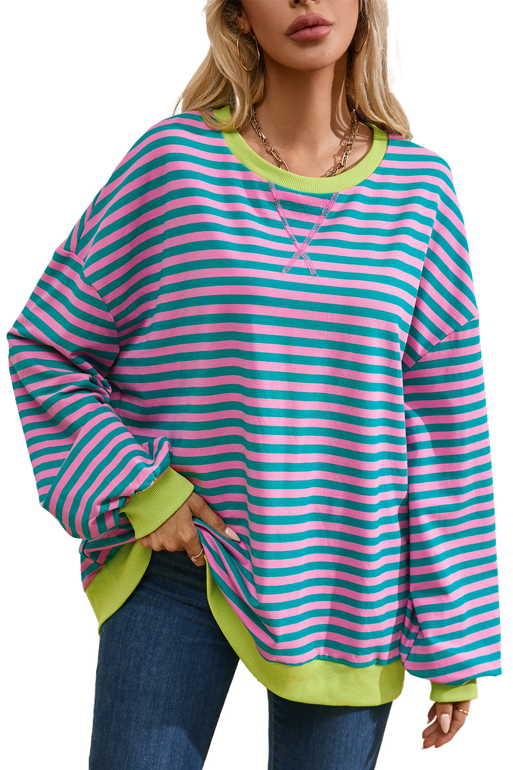 Sky Blue Stripe Contrast Edge Oversized Pullover