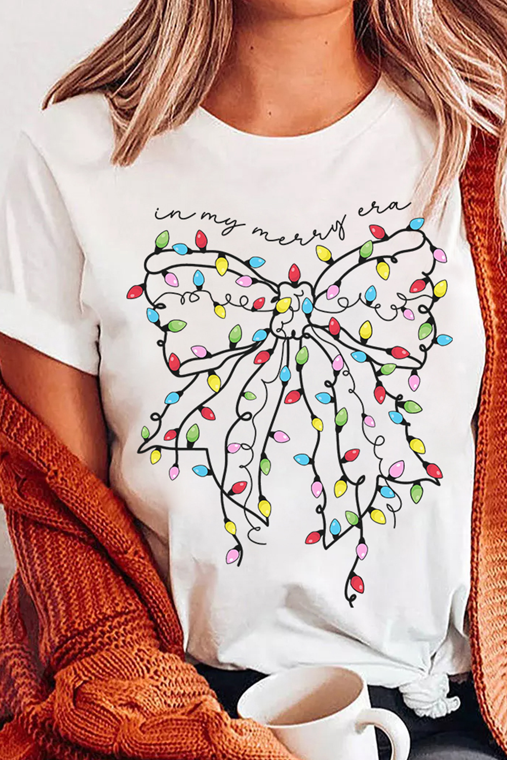 White Colorful Lights Bowknot Graphic T Shirt