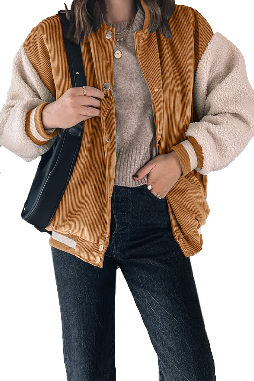 Buckskin Corduroy Fleece Patchwork Buttoned Bomber Coat