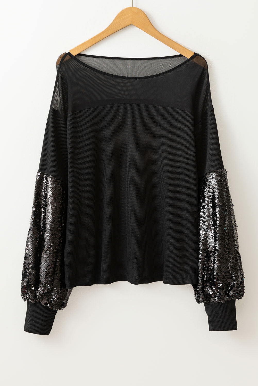 Black Sequin Lantern Sleeve Blouse