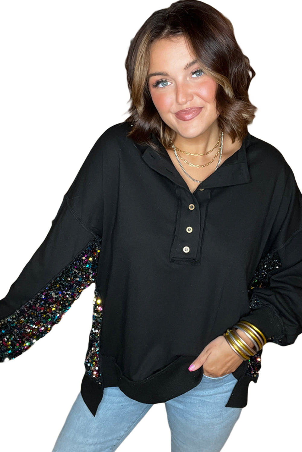 Bonbon Sequin Patchwork Henley Sweatshirt