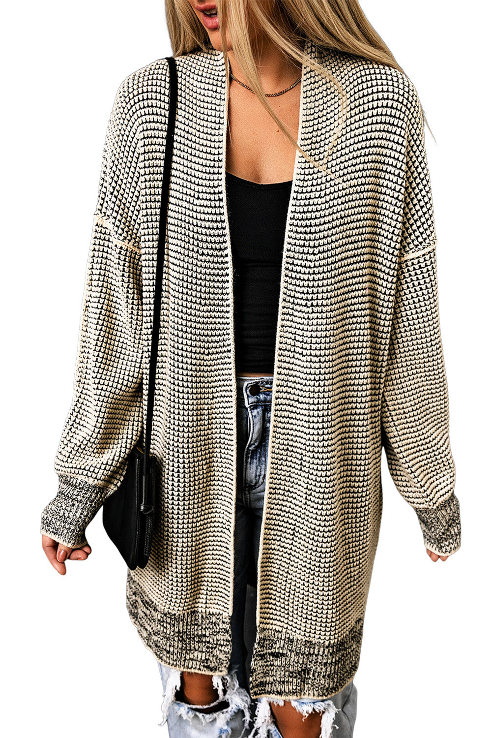 Grey Plaid Contrast Trim Casual Knit Cardigan