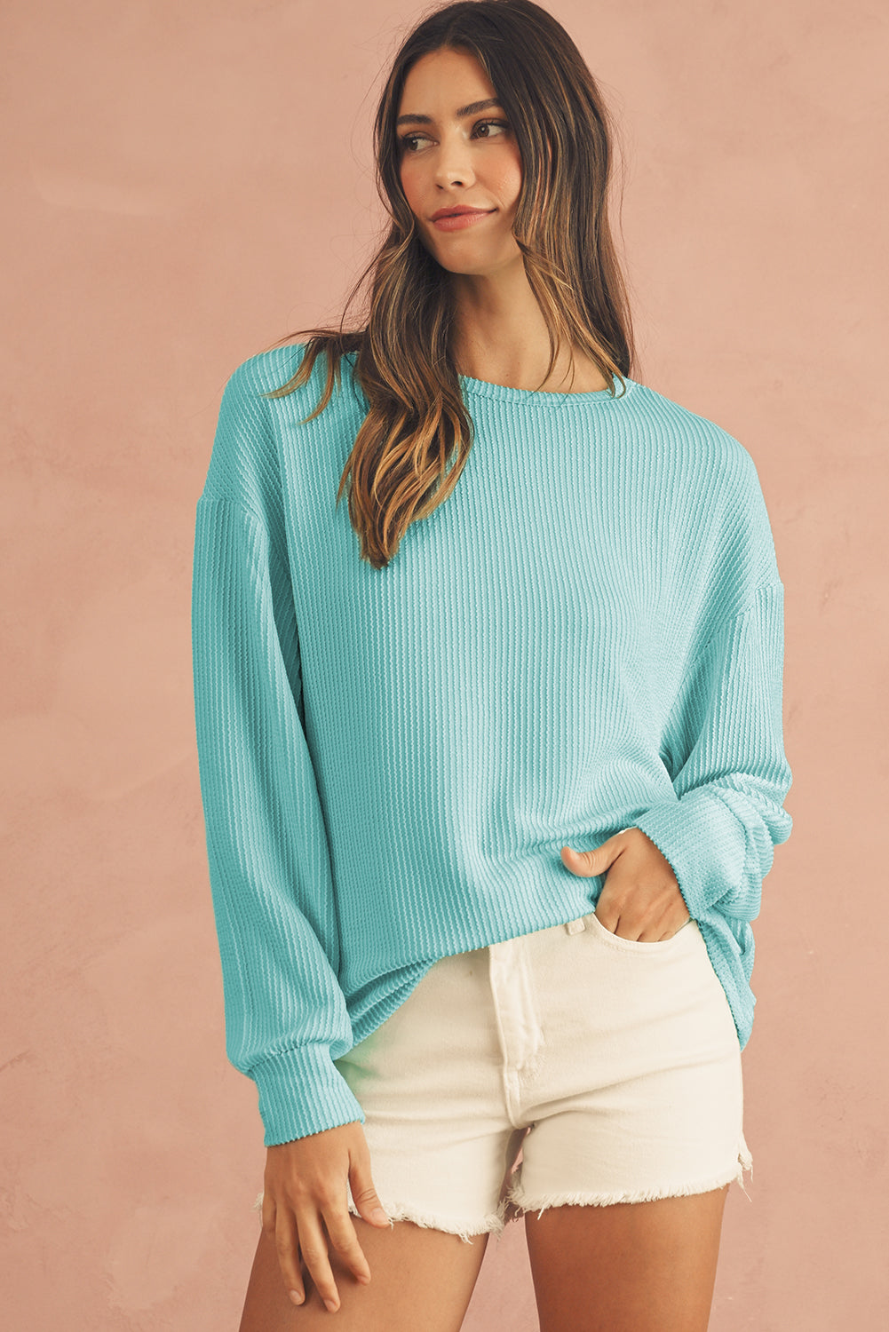 Aruba Blue Plain Crinkle Ribbed Round Neck Top