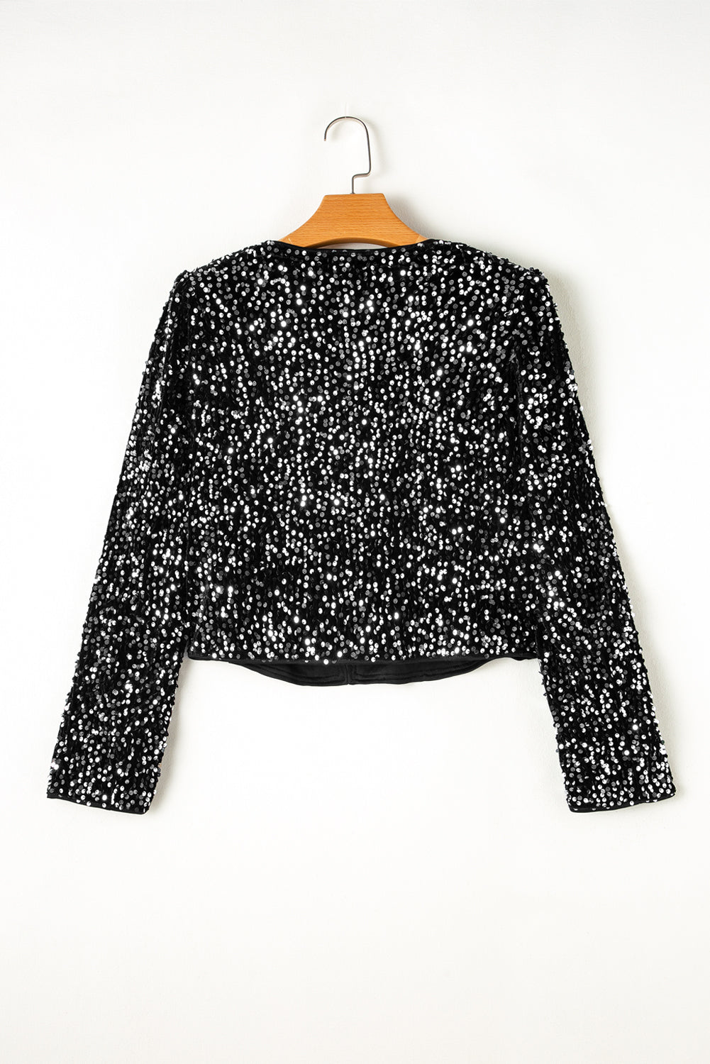 Black Sequin Open Front Collarless Jacket