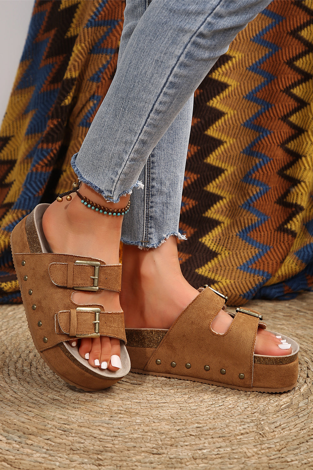 Black Suede Buckle Corky Platform Slides Shoes