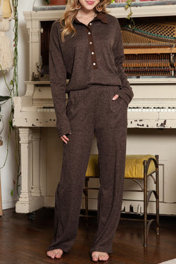 Brown Ribbed Henley Shirt and Wide Leg Pants Loungewear Set