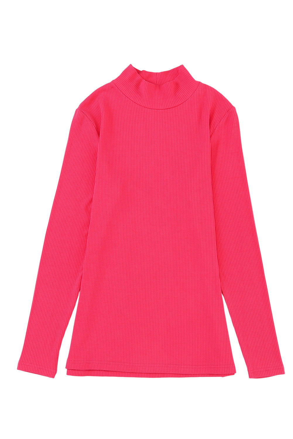 Rose Plain Solid Color Ribbed Long Sleeve Mock Neck Top