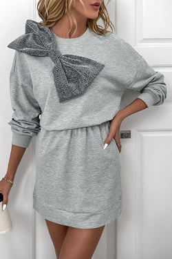 Gray Glitter Bow High Waist Sweatshirt Dress