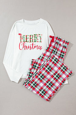 Multicolor Merry Christmas Top and Plaid Pants Pajama Set