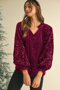 Red Dahlia Velvet Sequin Patchwork Sleeve Button Up Blouse