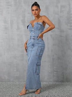 Slit Half Button Tube Denim Dress