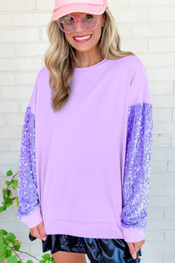 Orchid Petal Sequin Patchwork Long Sleeve Pullover Top